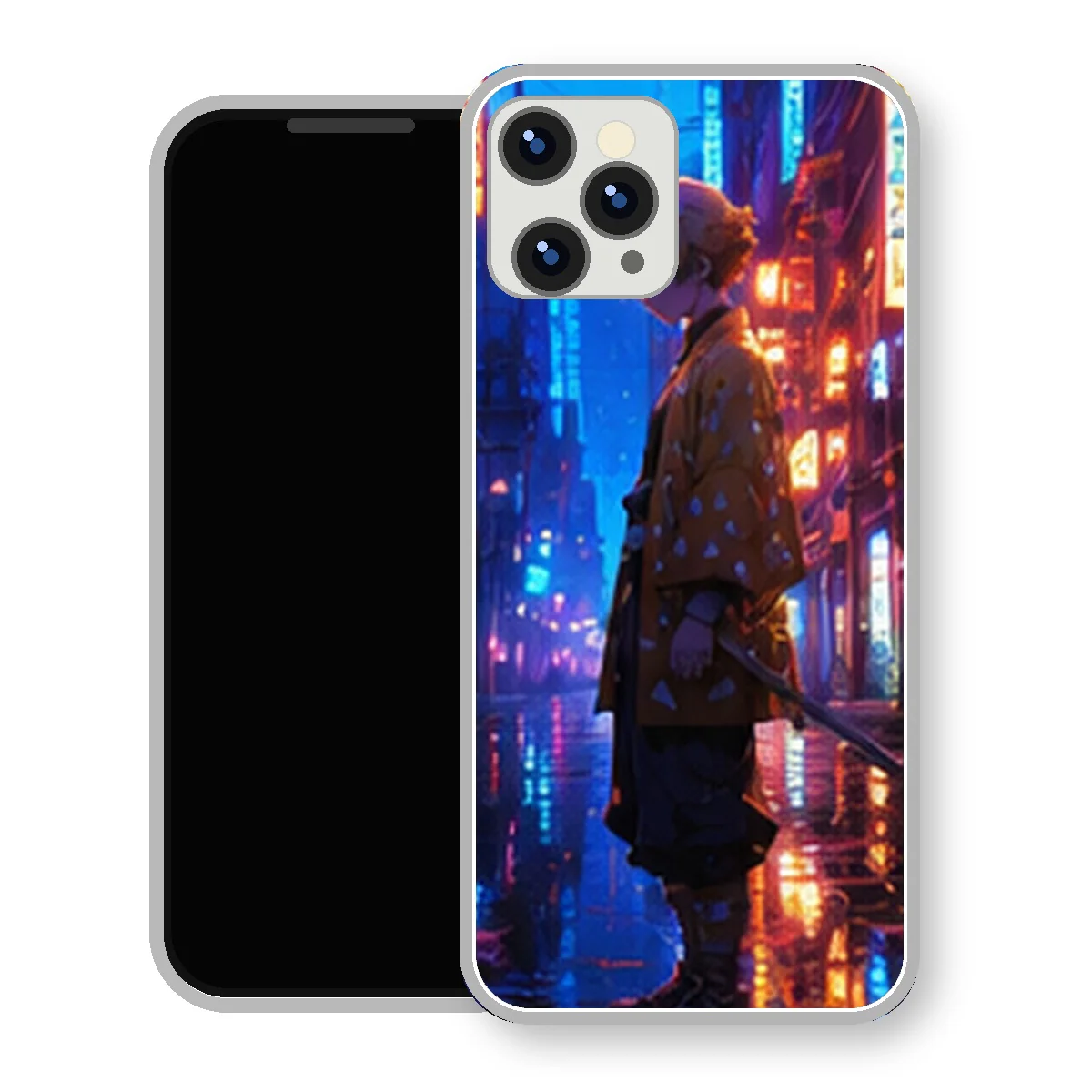 Coque iPhone 15 Zenitsu Agatsuma Ville Neon Pluie | Manga Demon Slayer
