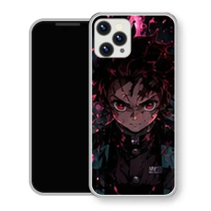 Coque iPhone 15 Tanjiro Kamado Pluie Magenta Sombre | Manga Demon Slayer