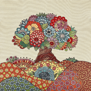 Carré de tissu jacquard Arbre fleuri 45 x 45 cm