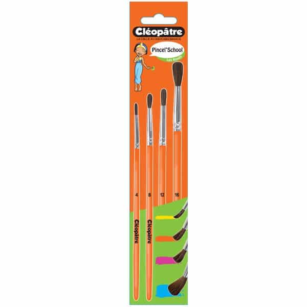 Cléopâtre – Lot de 4 pinceaux ronds pour écoliers, poils de poney, numéros 4, 8, 12, 16
